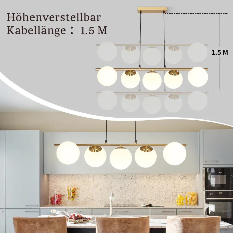 5-Vlam Glazen Bol Hanglamp – Verstelbare Hoogte | Zwart of Goud
