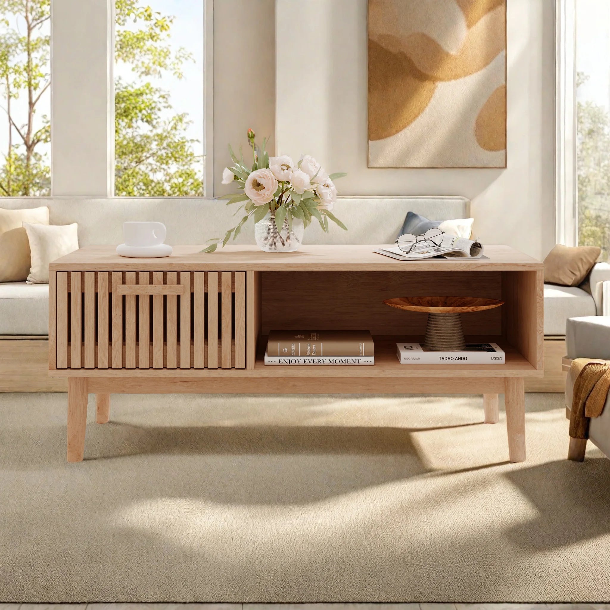 Solid Wood Coffee Table - Natural Low Side Table for Living Room