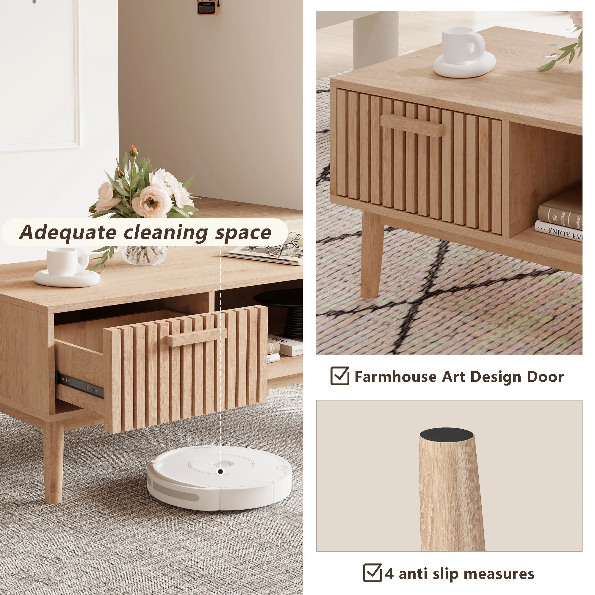 Solid Wood Coffee Table - Natural Low Side Table for Living Room