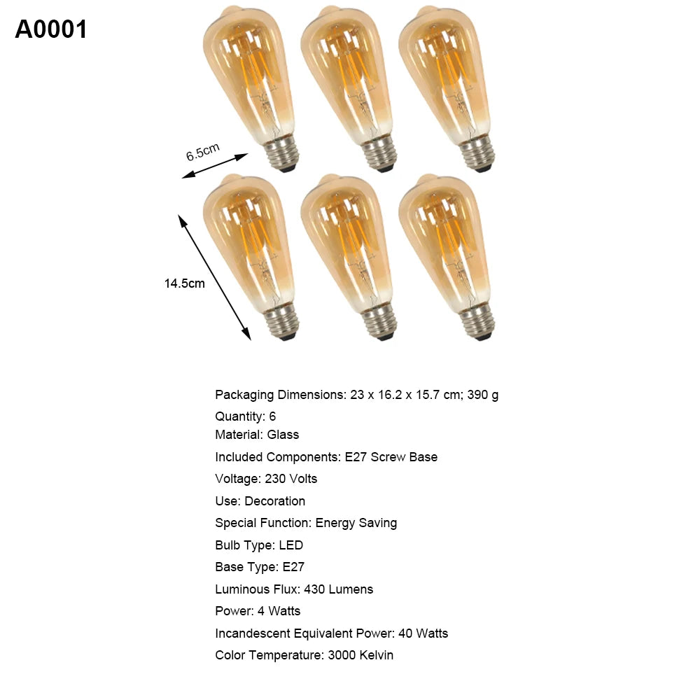 E27 LED Edison Bulb 4W Vintage Retro Filament Light Bulb ST64 Amber Glass Warm White 3000K 430LM Energy Saving Antique Screw Base Decorative Bulb