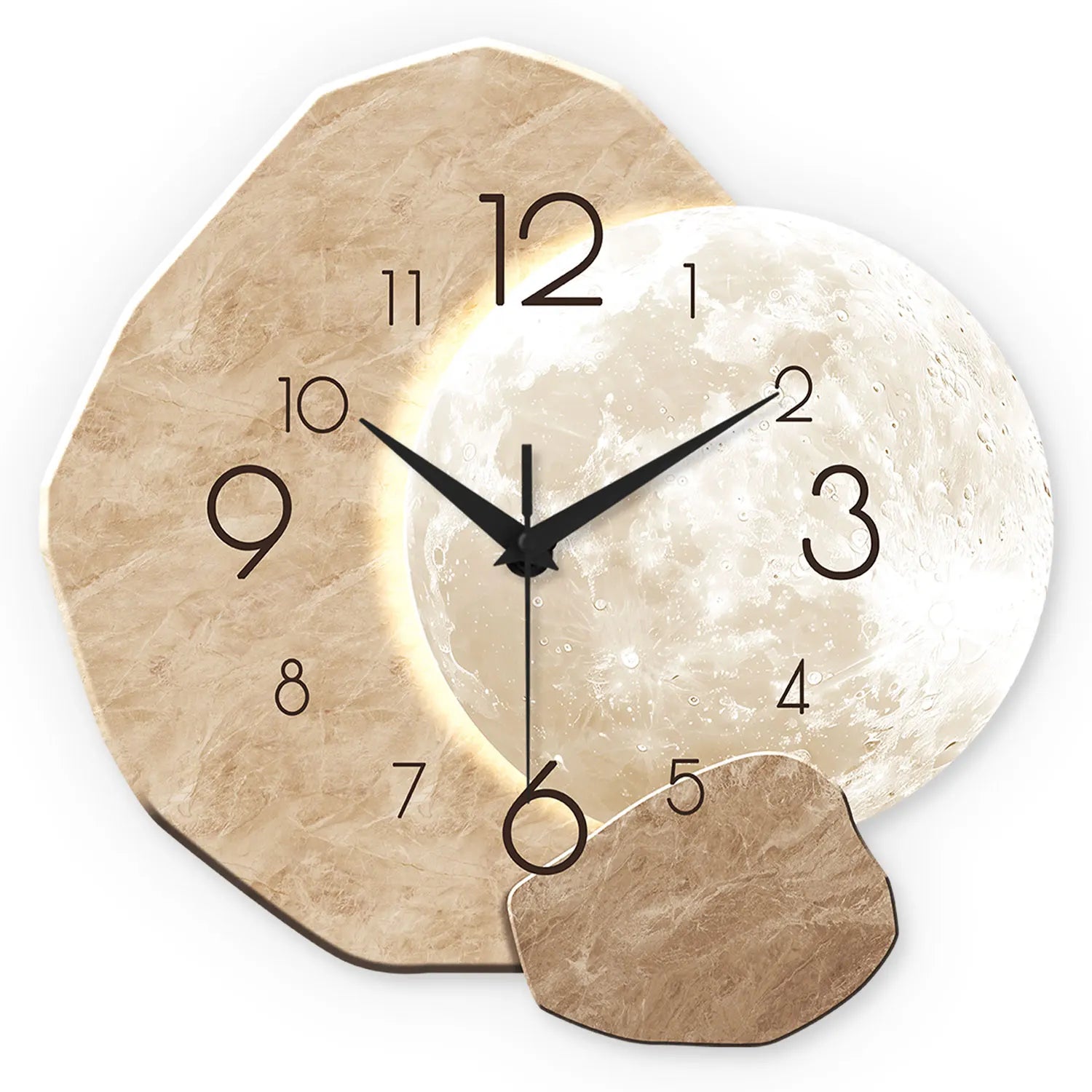 Silent Wall Clock - Modern Moon Design with Wooden Frame