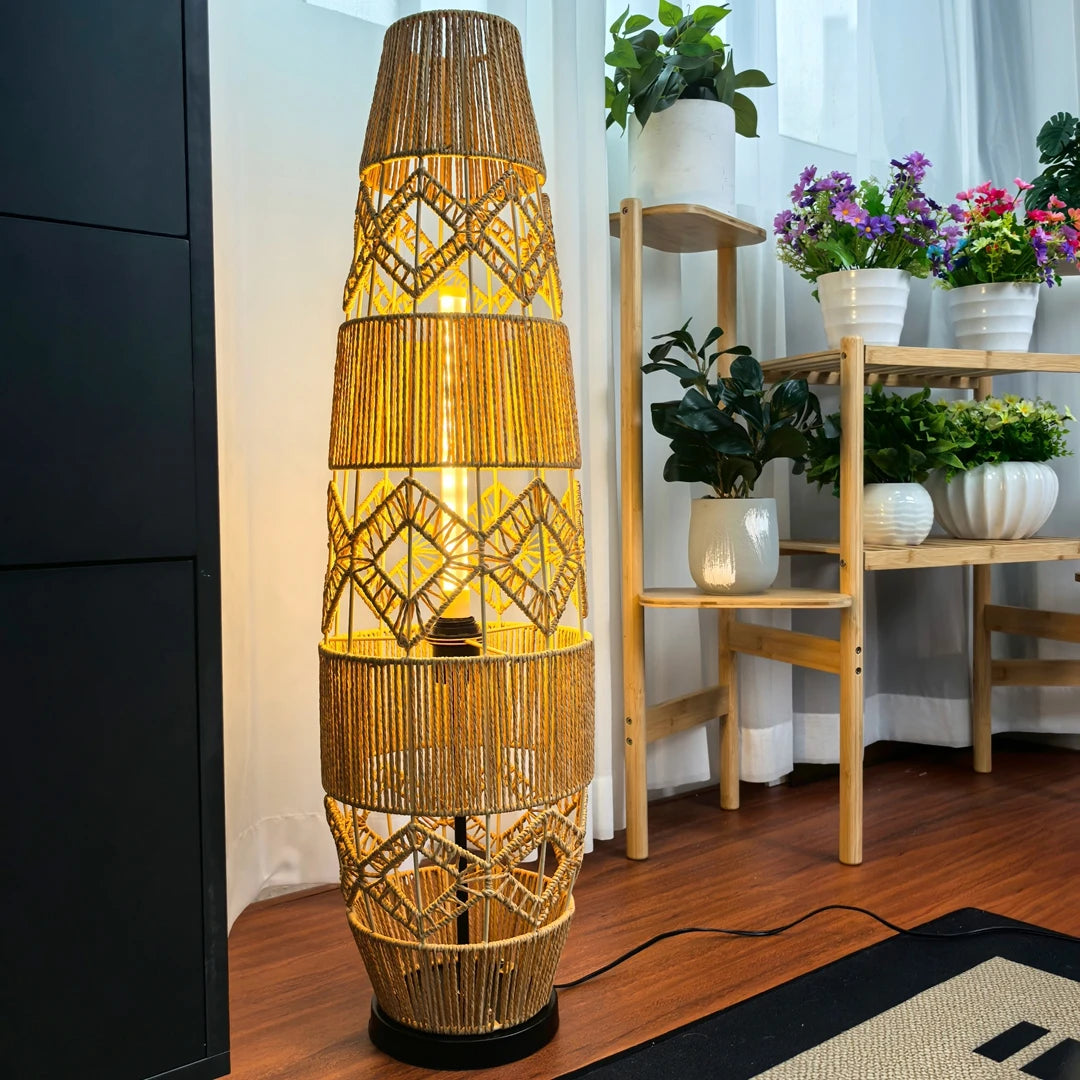 Boho Rattan Floor Lamp Hand-Woven with LED Light Bar - Corner Reading Lamp