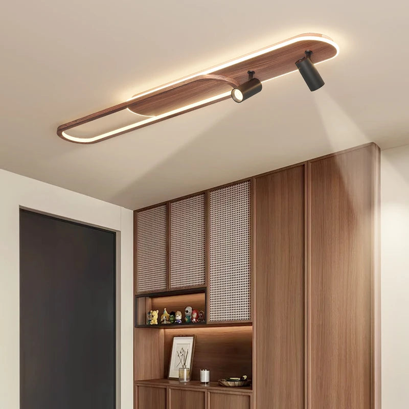2026 Flur Einfache Deckenleuchte in Walnussholzoptik Länglicher Streifen mit Spot Retro LED Wohnzimmer Foyer Ankleidezimmer Decke