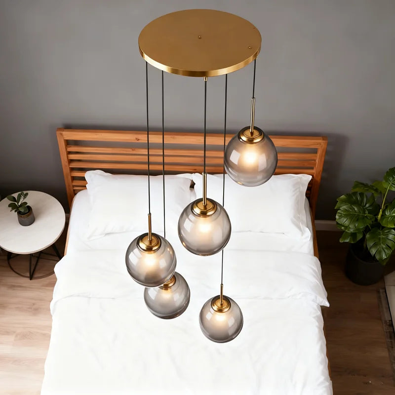 Glass Ball Pendant Light | 3 or 5 Heads | Amber, Clear or Smoke Gray | E27