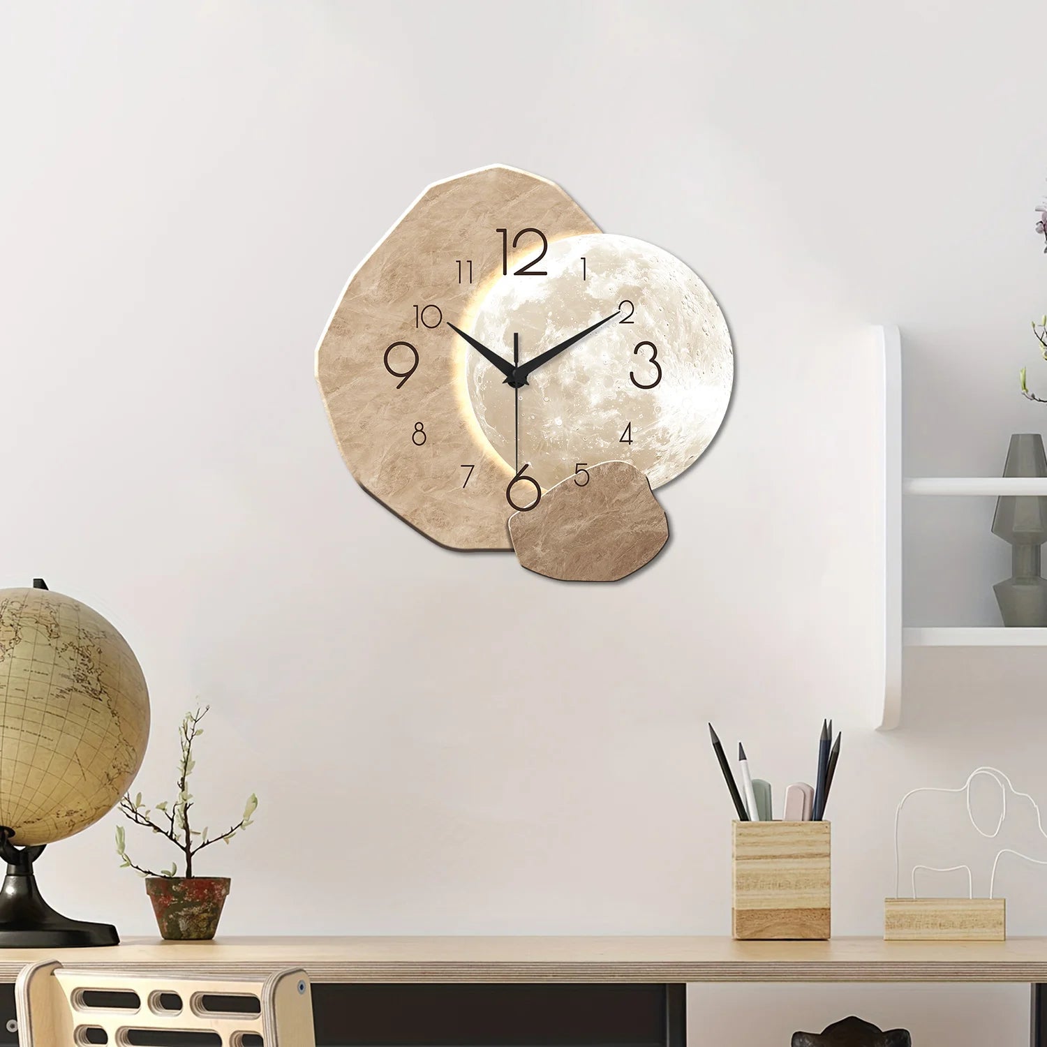 Silent Wall Clock - Modern Moon Design with Wooden Frame
