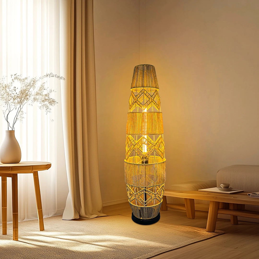Boho Rattan Floor Lamp Hand-Woven with LED Light Bar - Corner Reading Lamp