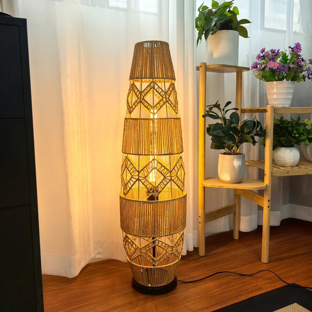 Boho Rattan Floor Lamp Hand-Woven with LED Light Bar - Corner Reading Lamp