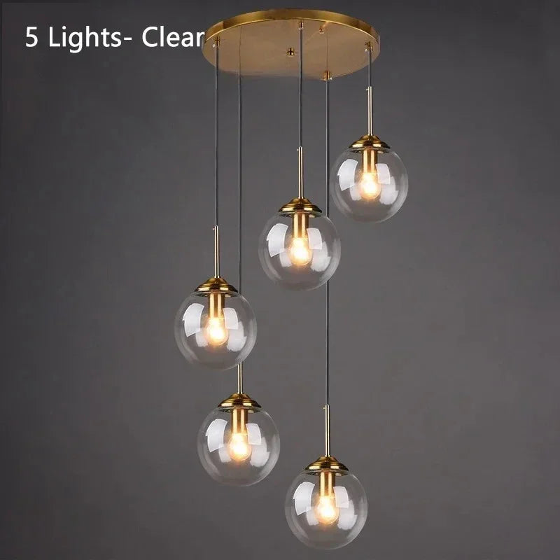 Glass Ball Pendant Light | 3 or 5 Heads | Amber, Clear or Smoke Gray | E27