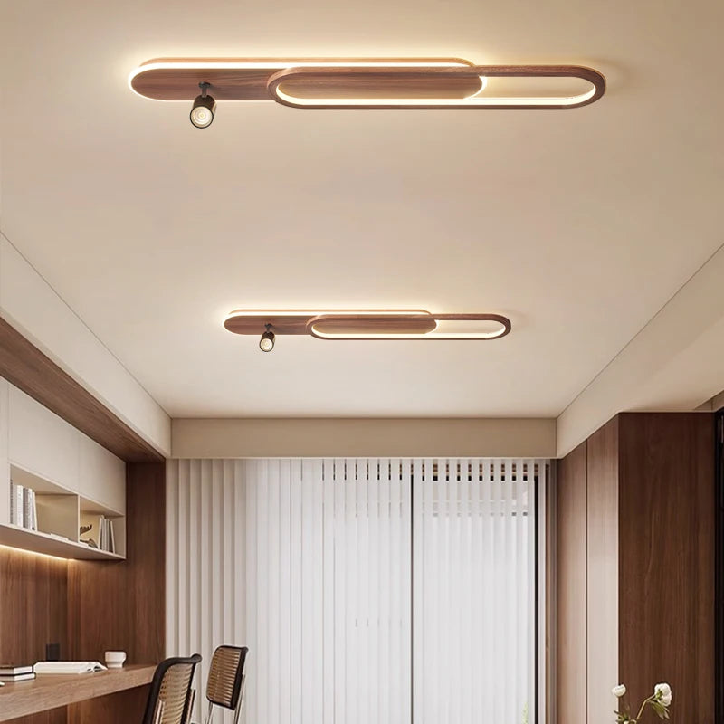 2026 Flur Einfache Deckenleuchte in Walnussholzoptik Länglicher Streifen mit Spot Retro LED Wohnzimmer Foyer Ankleidezimmer Decke