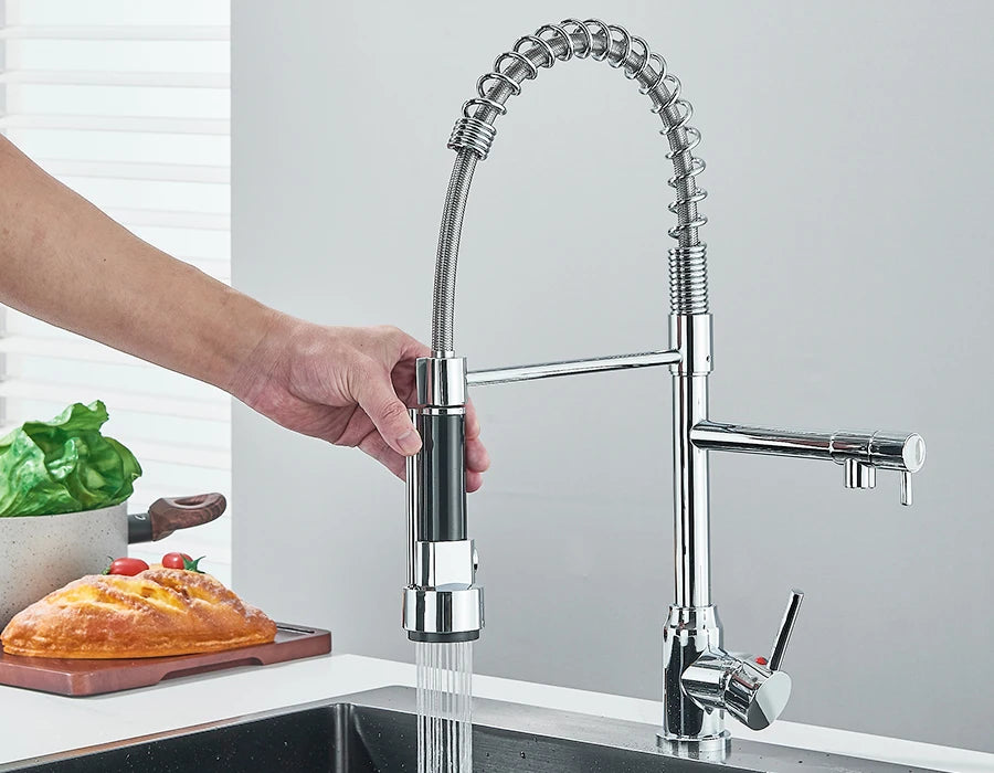 Küchenarmatur mit zwei Ausläufen und ausziehbarer Brause – Chrom | Mischbatterie