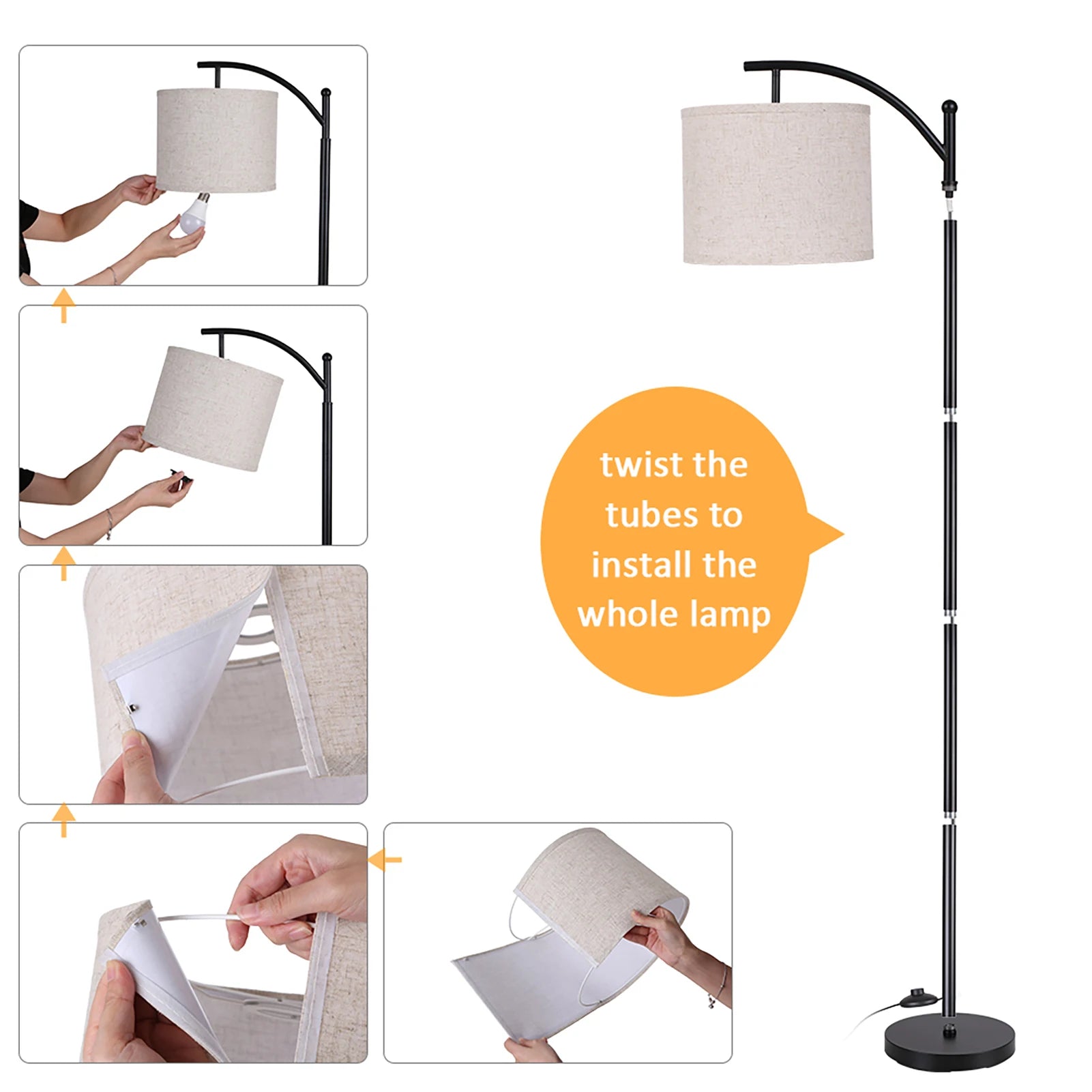 Arc Floor Lamp with LED Bulb - Modern Standing Light with Hanging Shade