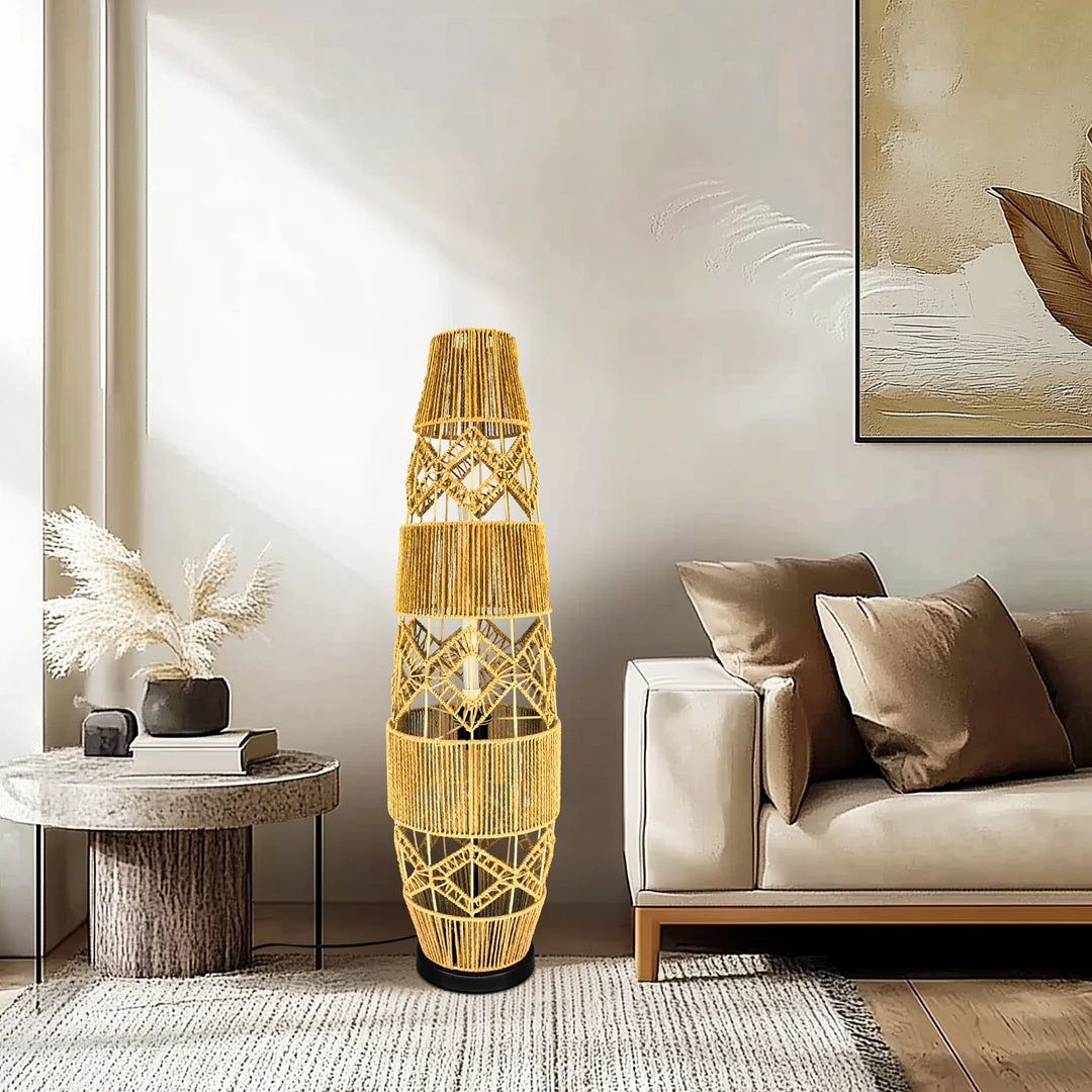 Boho Rattan Floor Lamp Hand-Woven with LED Light Bar - Corner Reading Lamp