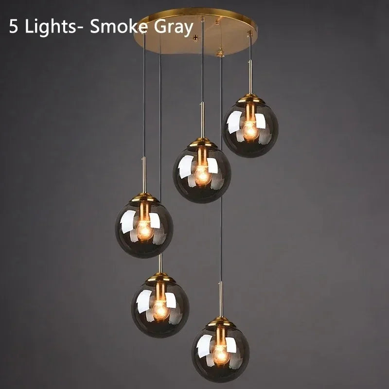Glass Ball Pendant Light | 3 or 5 Heads | Amber, Clear or Smoke Gray | E27