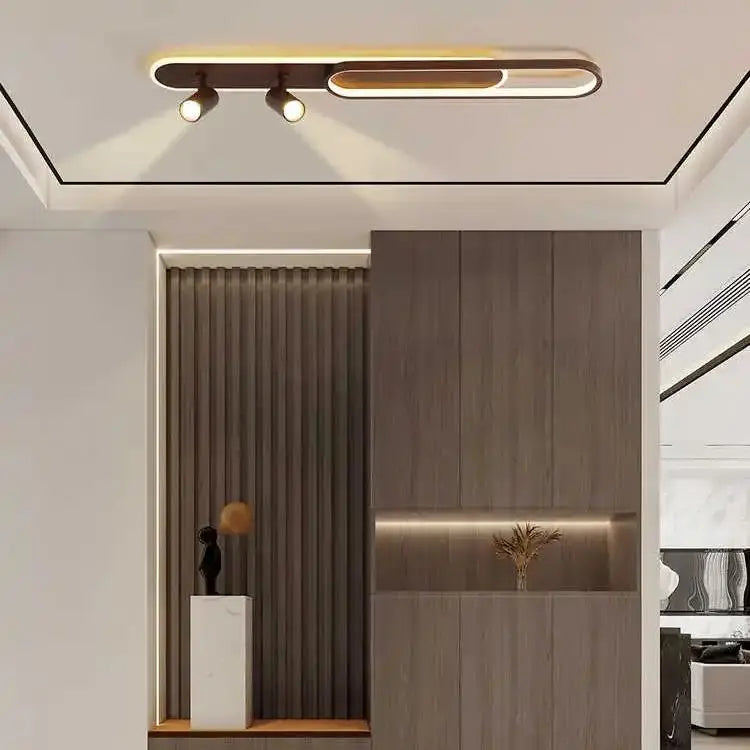 2026 Flur Einfache Deckenleuchte in Walnussholzoptik Länglicher Streifen mit Spot Retro LED Wohnzimmer Foyer Ankleidezimmer Decke