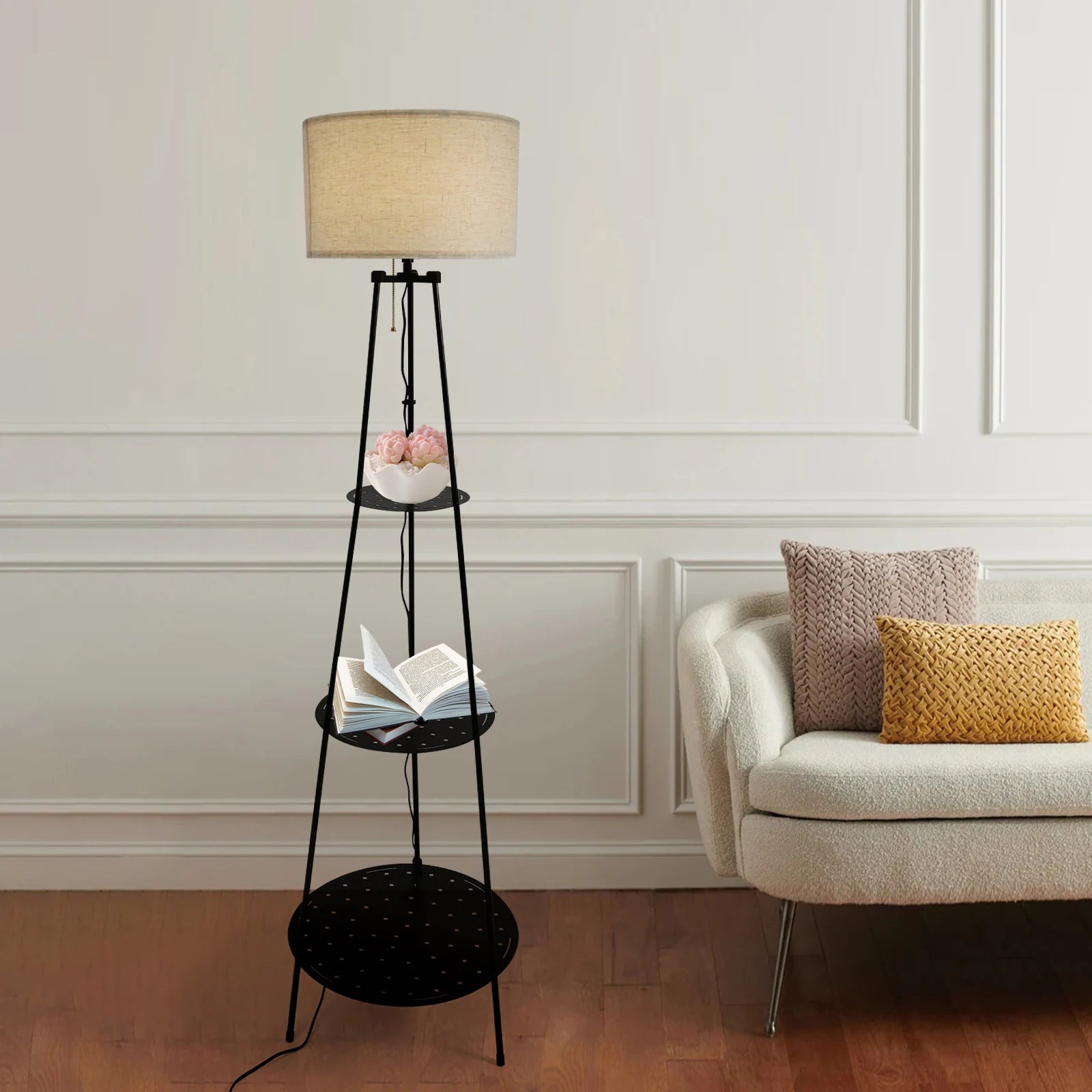 Modern Floor Lamp with 3-Tier Shelf - E27 Standing Light with Storage
