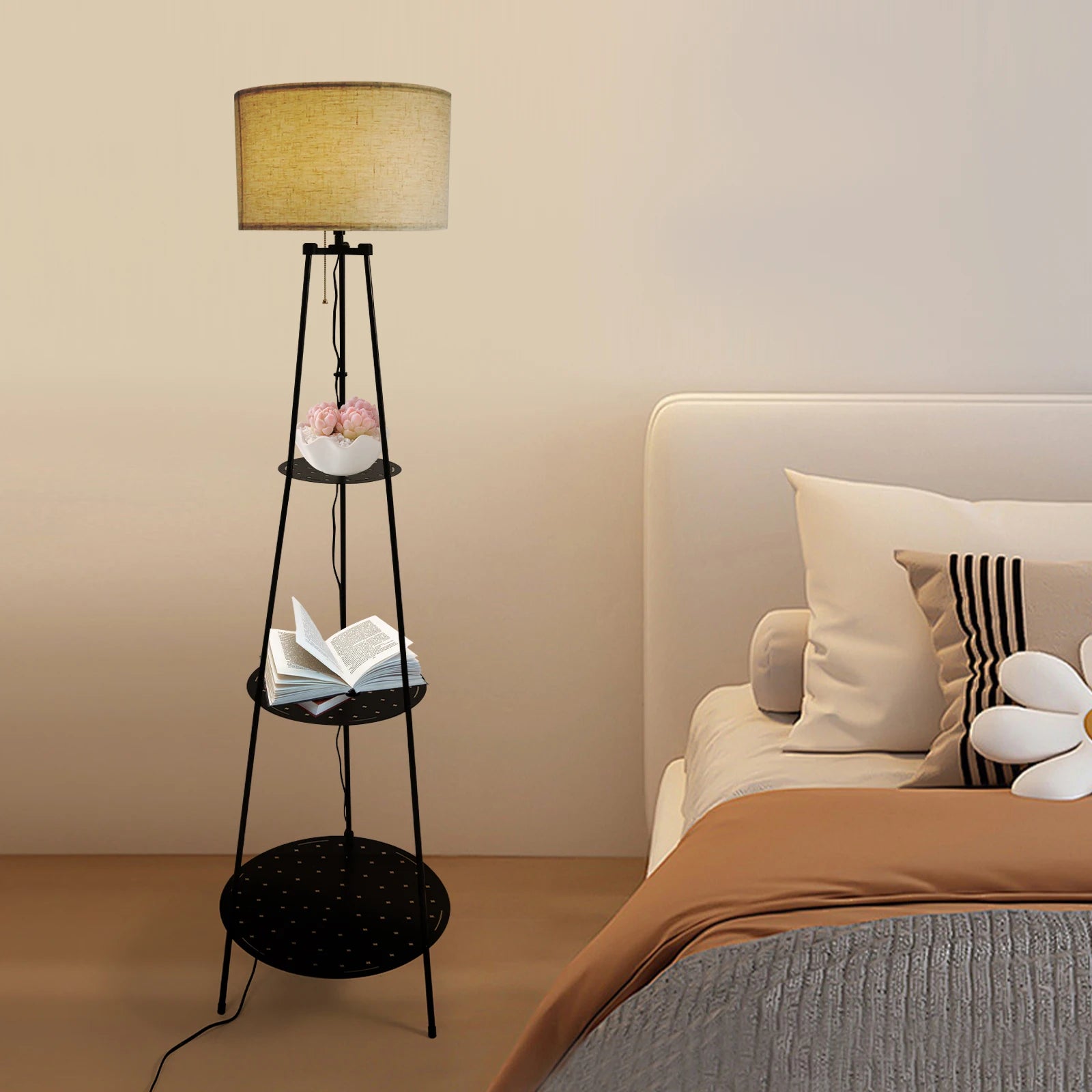 Modern Floor Lamp with 3-Tier Shelf - E27 Standing Light with Storage