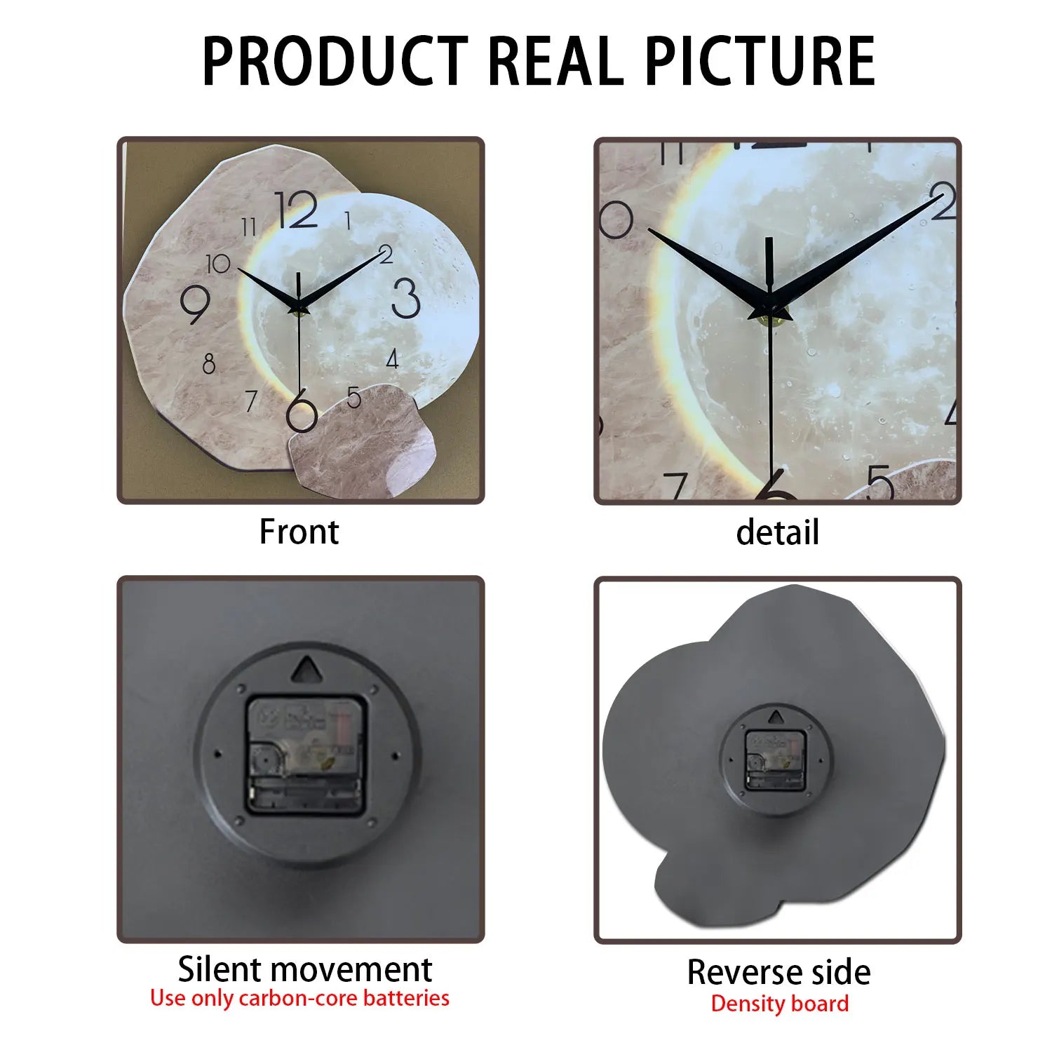 Silent Wall Clock - Modern Moon Design with Wooden Frame