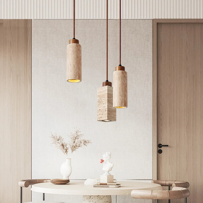 Natural Travertine Pendant Light - Japanese Wabi-Sabi Stone Lamp