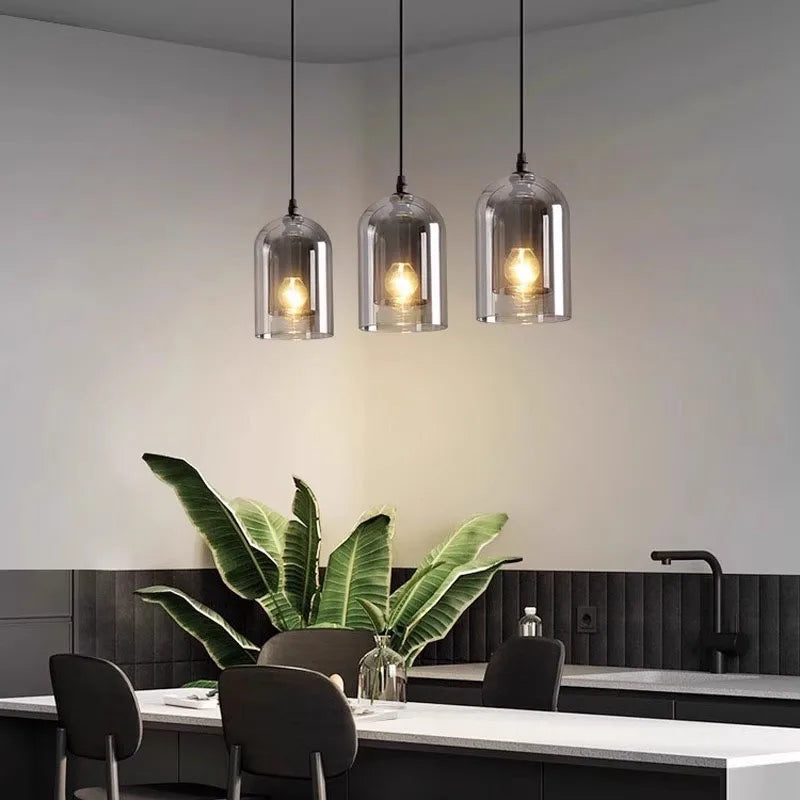 Modern Pendant Lamp – Glass & Iron, 1 or 3 Heads, Dimmable