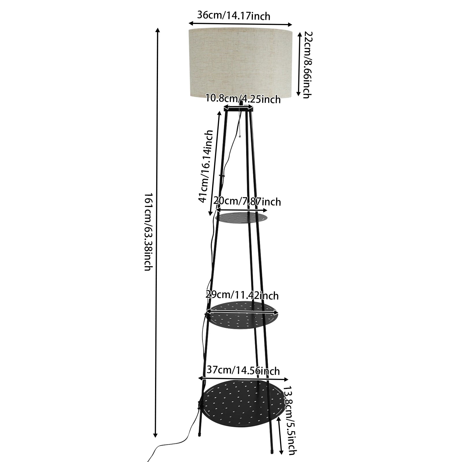 Modern Floor Lamp with 3-Tier Shelf - E27 Standing Light with Storage