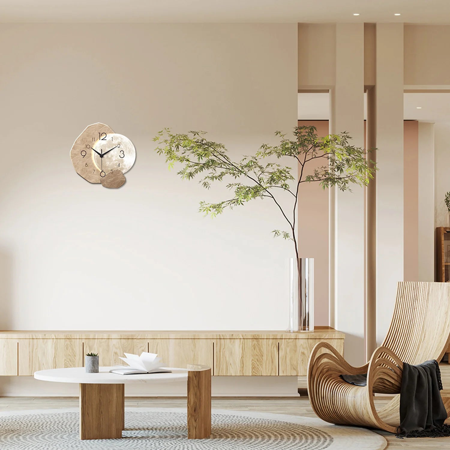 Silent Wall Clock - Modern Moon Design with Wooden Frame