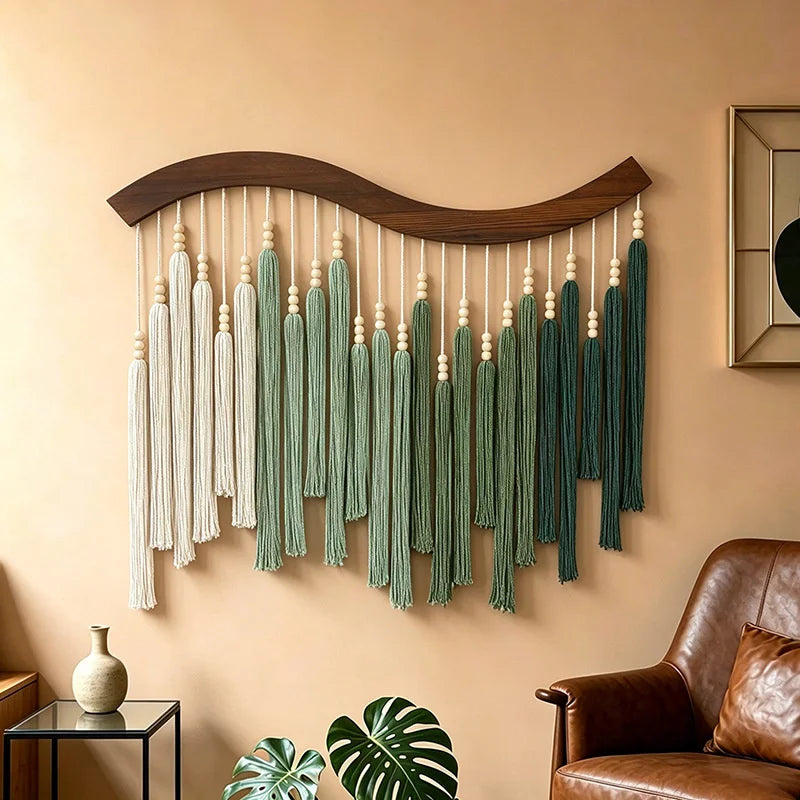 Green Macrame Wall Hanging with Tassels – 70 × 80 cm
