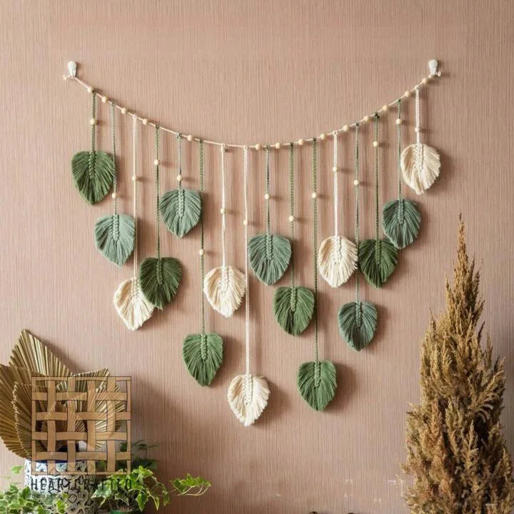 Boho Macrame Wall Hanging with Leaves – 120 × 75 cm