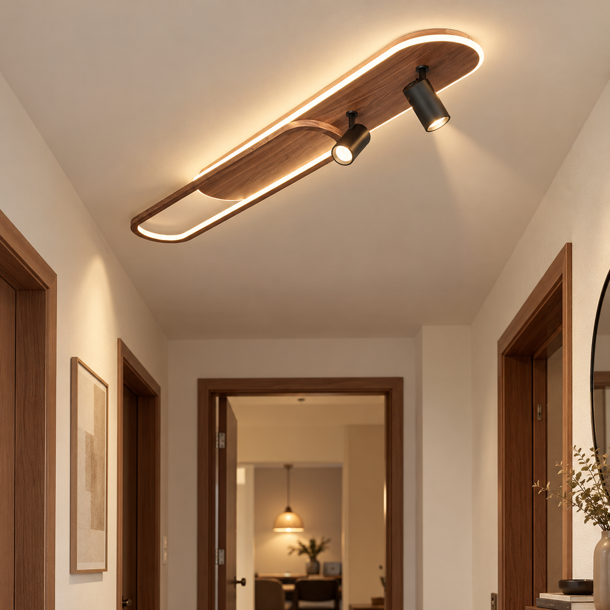 Lineair LED-plafondlicht met walnootafwerking en spot