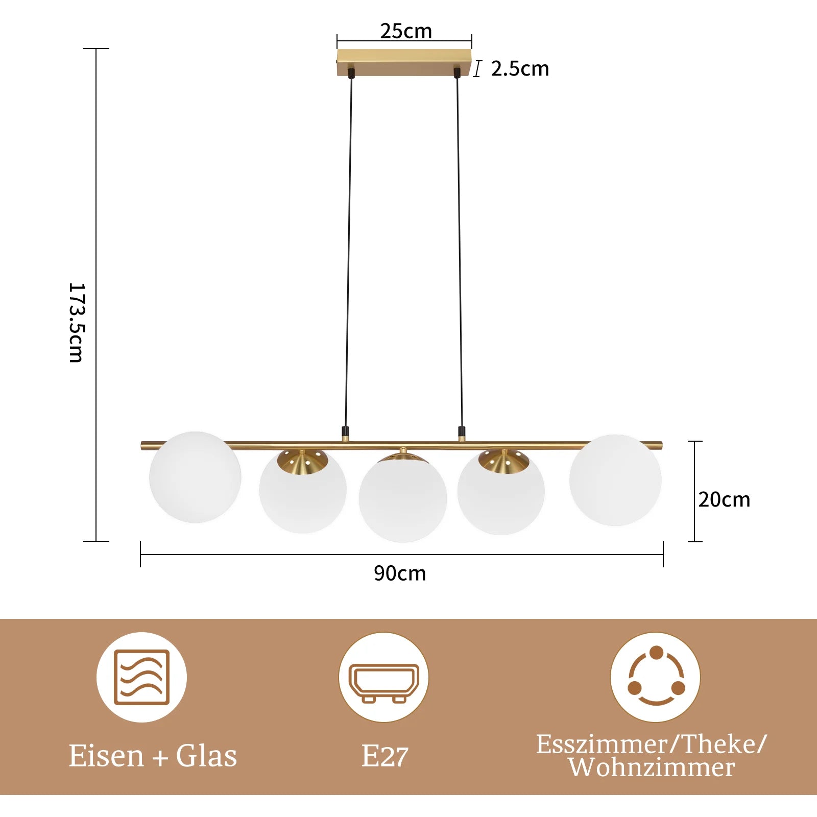 5-Vlam Glazen Bol Hanglamp – Verstelbare Hoogte | Zwart of Goud