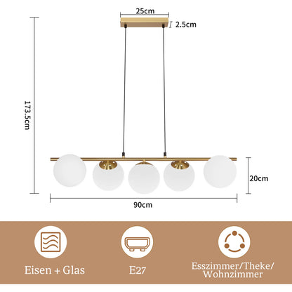 5-Vlam Glazen Bol Hanglamp – Verstelbare Hoogte | Zwart of Goud