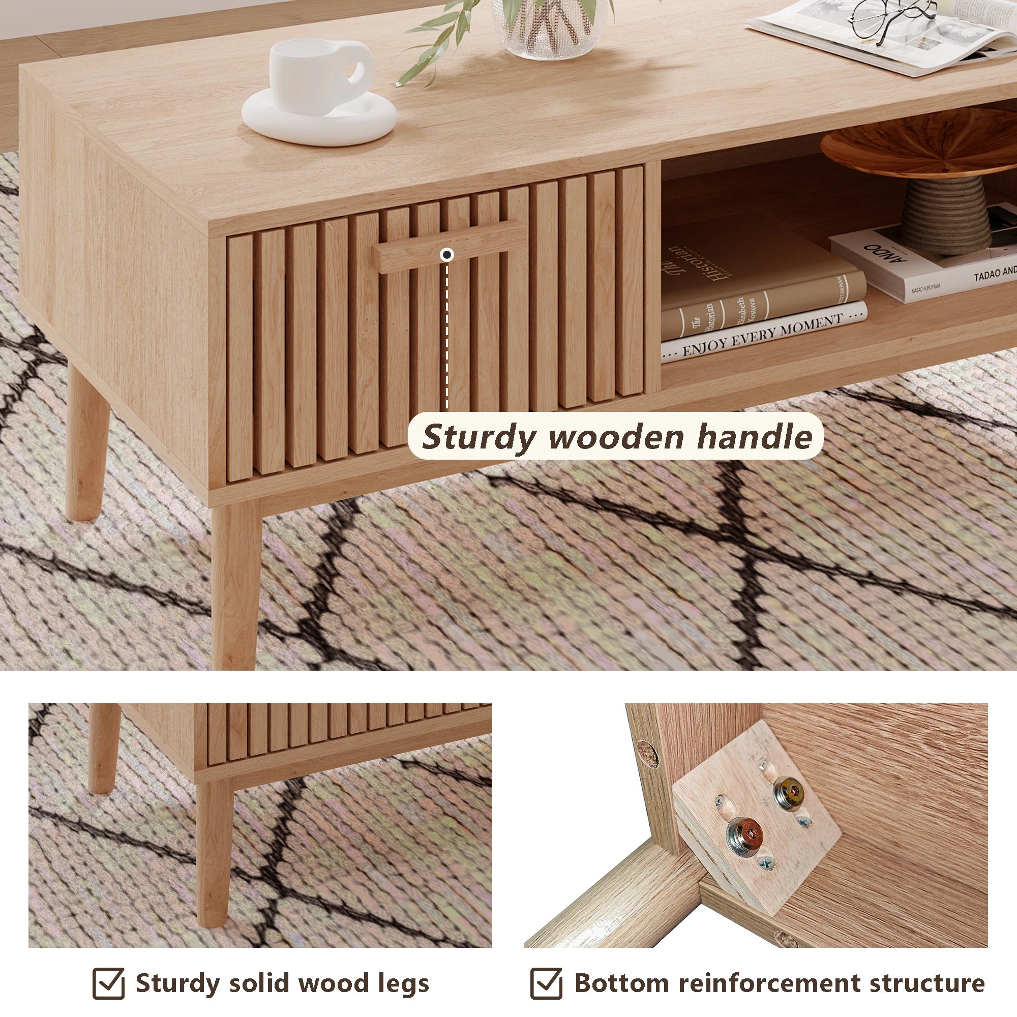 Solid Wood Coffee Table - Natural Low Side Table for Living Room