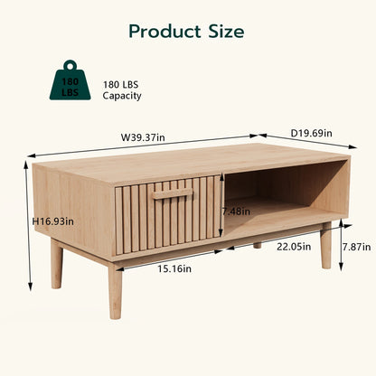 Solid Wood Coffee Table - Natural Low Side Table for Living Room