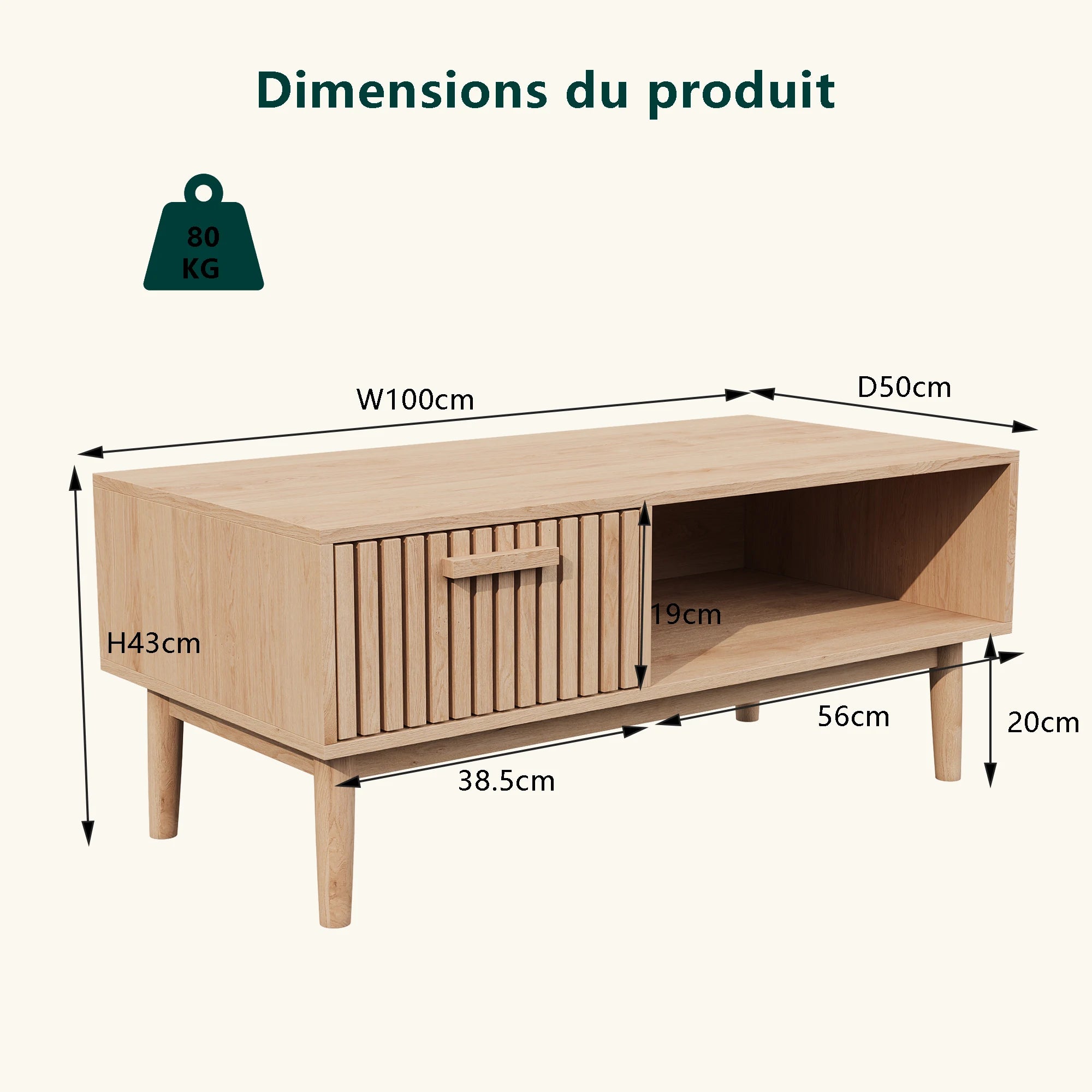 Solid Wood Coffee Table - Natural Low Side Table for Living Room