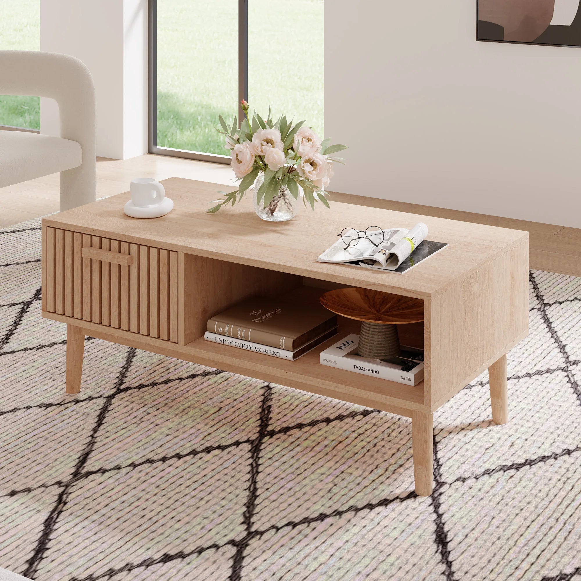 Solid Wood Coffee Table - Natural Low Side Table for Living Room