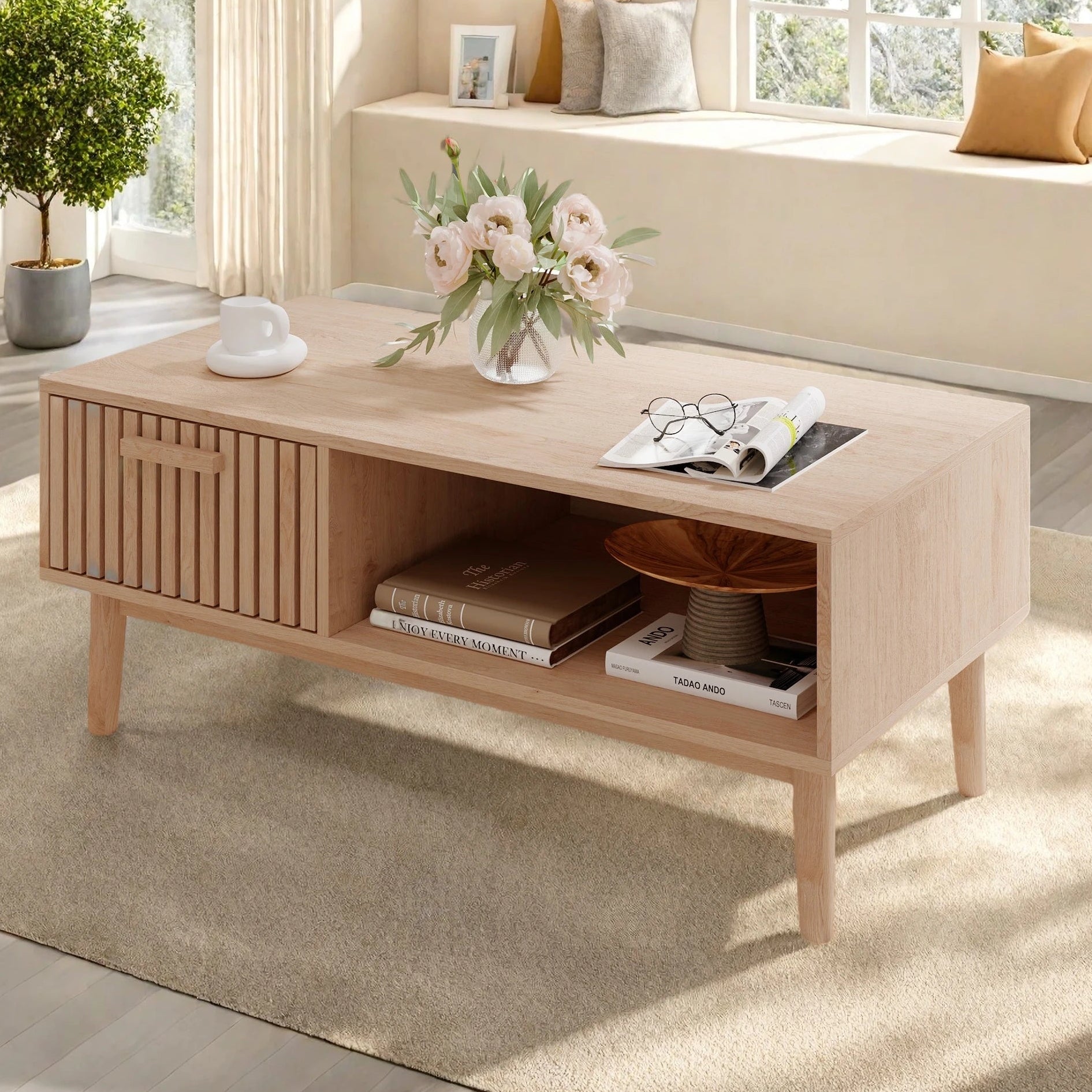 Solid Wood Coffee Table - Natural Low Side Table for Living Room