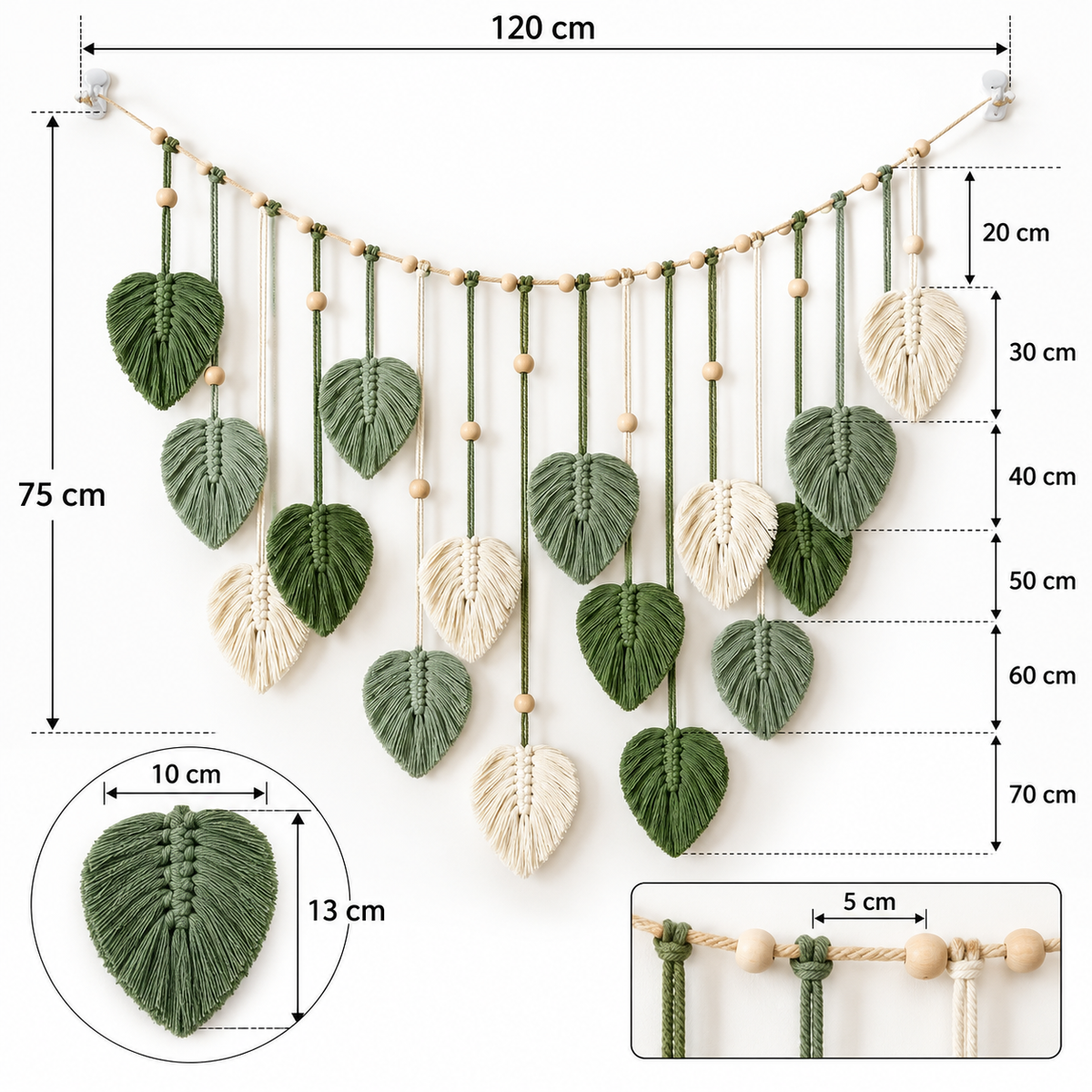 Boho Macrame Wall Hanging with Leaves – 120 × 75 cm