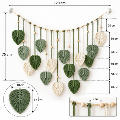 Boho Macrame Wall Hanging with Leaves – 120 × 75 cm
