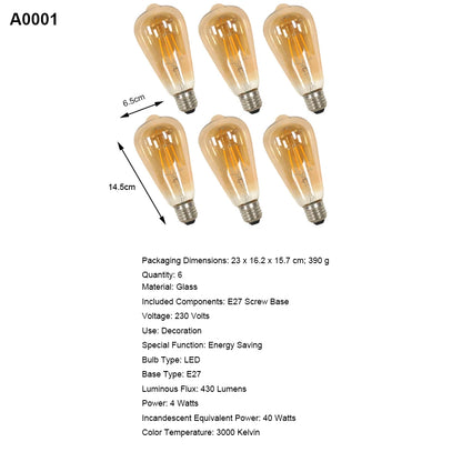 E27 LED Edison Bulb 4W Vintage Retro Filament Light Bulb ST64 Amber Glass Warm White 3000K 430LM Energy Saving Antique Screw Base Decorative Bulb