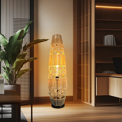 Boho Rattan Floor Lamp Hand-Woven with LED Light Bar - Corner Reading Lamp