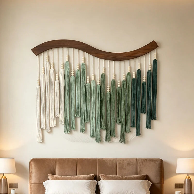 Green Macrame Wall Hanging with Tassels – 70 × 80 cm