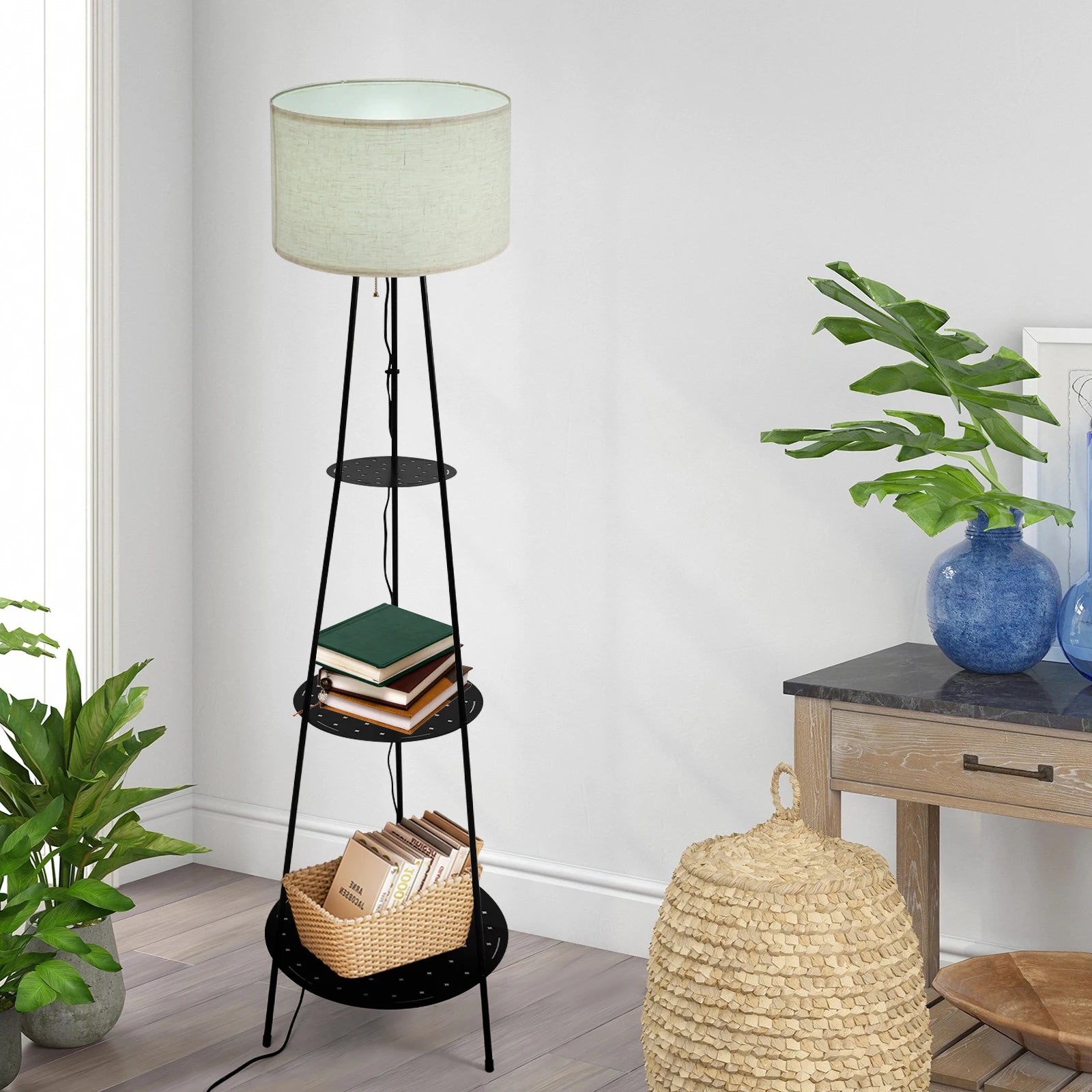 Modern Floor Lamp with 3-Tier Shelf - E27 Standing Light with Storage
