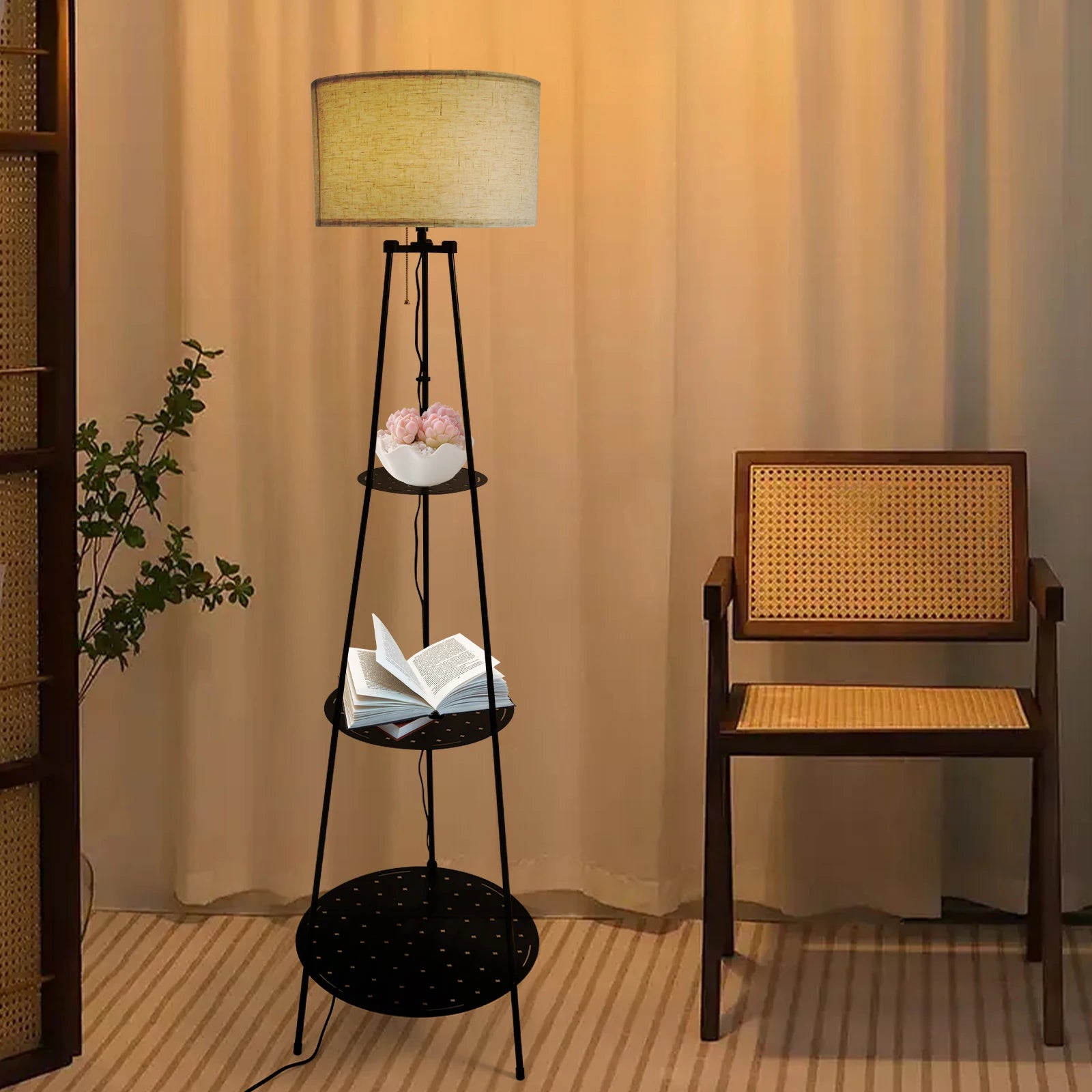Modern Floor Lamp with 3-Tier Shelf - E27 Standing Light with Storage