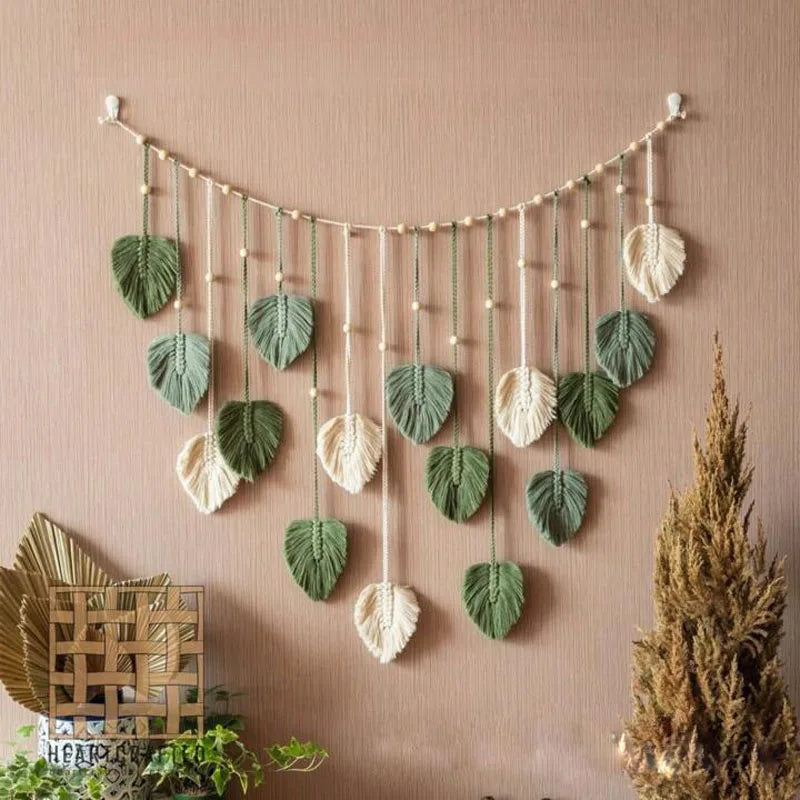 Boho Macrame Wall Hanging with Leaves – 120 × 75 cm