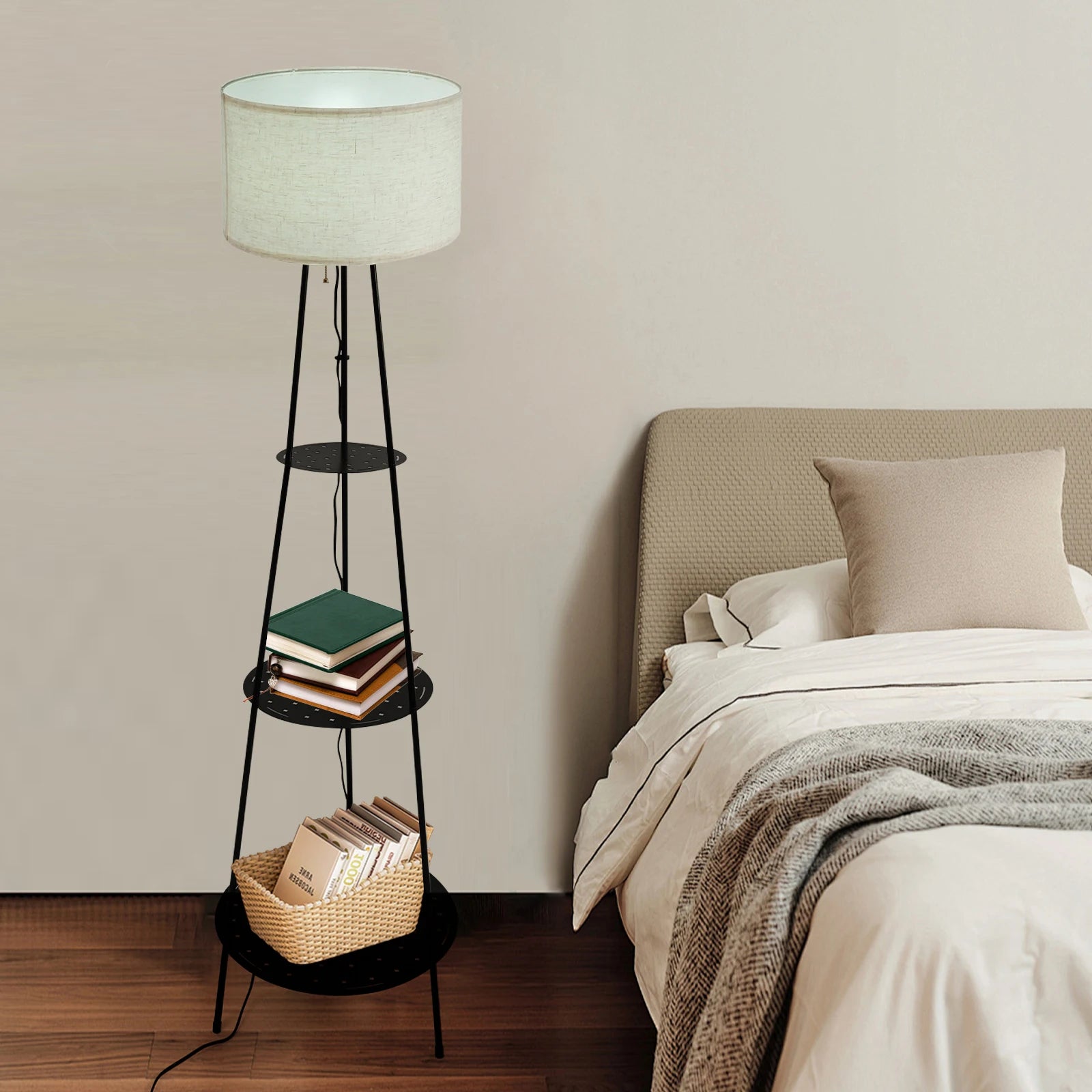 Modern Floor Lamp with 3-Tier Shelf - E27 Standing Light with Storage