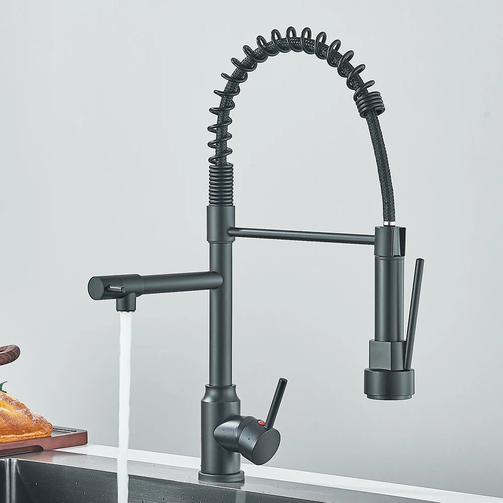Dual Spout Kitchen Faucet with Pull-Out Spring Sprayer – Chrome | Mixer Tap