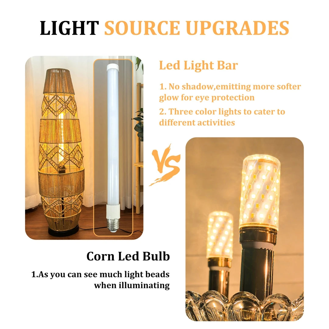 Boho Rattan Floor Lamp Hand-Woven with LED Light Bar - Corner Reading Lamp
