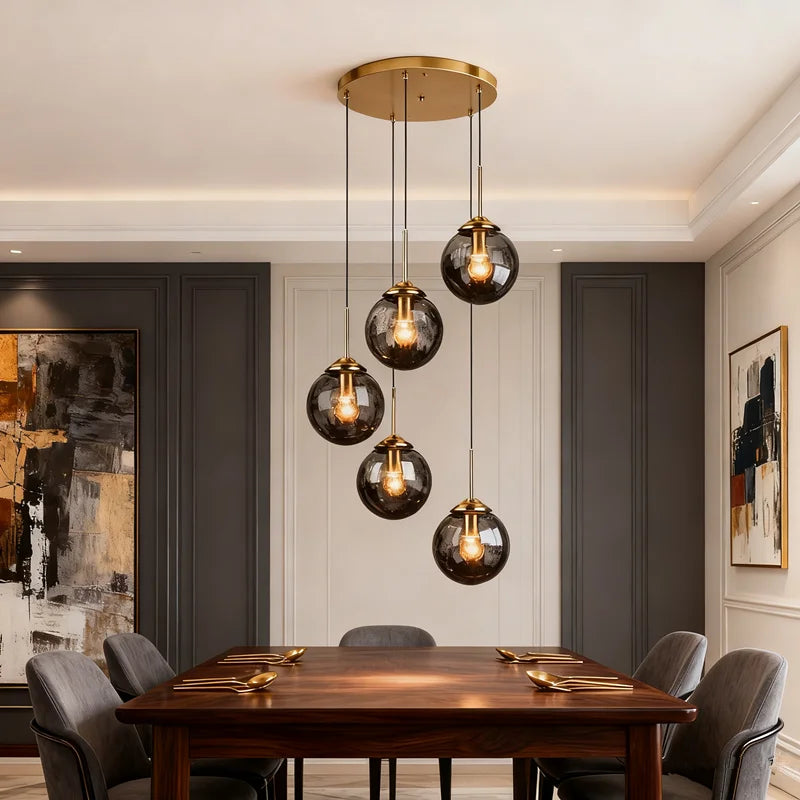 Glass Ball Pendant Light | 3 or 5 Heads | Amber, Clear or Smoke Gray | E27