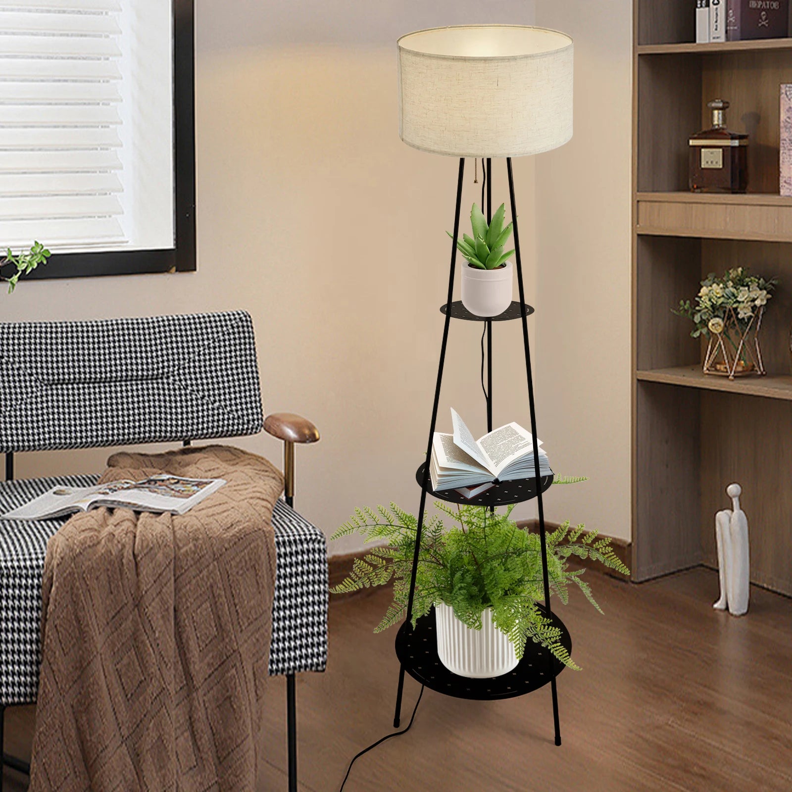 Modern Floor Lamp with 3-Tier Shelf - E27 Standing Light with Storage