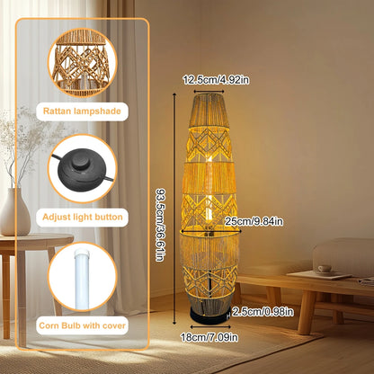 Boho Rattan Floor Lamp Hand-Woven with LED Light Bar - Corner Reading Lamp