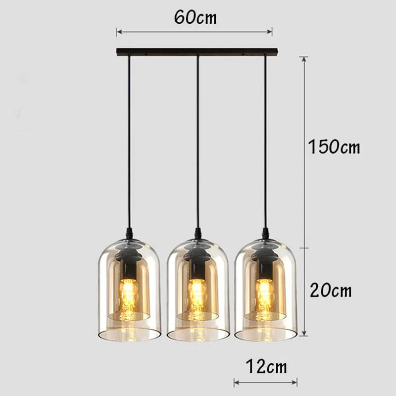 Modern Pendant Lamp – Glass & Iron, 1 or 3 Heads, Dimmable